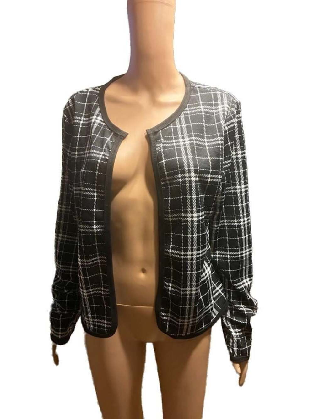 RANLEGE Women's Black and White Plaid Open Front Crop Jacket